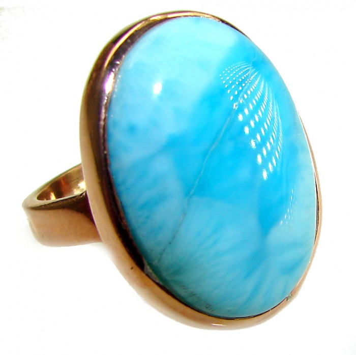 Blue Perfection AAAA QUALITY Blue Larimar 18K Gold over .925 Sterling Silver handmade Large ring size 8 adjustable - Close-up of blue Larimar stone in 18K gold setting.