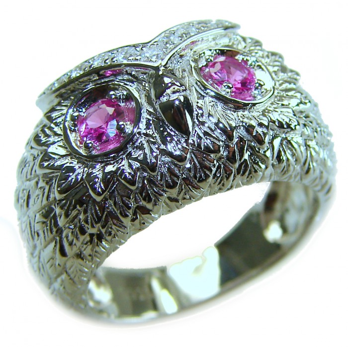 Owl 2.1 carat Pink Tourmaline Eyes .925 Sterling Silver dipped in real Gold handmade Ring size 7 1/4 - Owl ring with pink tourmaline eyes in sterling silver, front angle view.