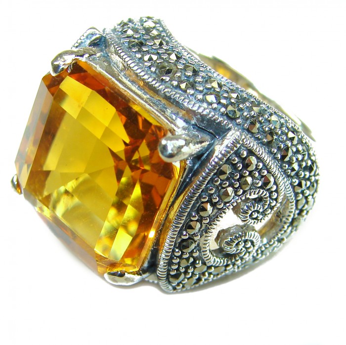 Pure Celestial energy Natural 33.4 carat Golden Topaz Marcasite .925 Sterling Silver handmade Large Statement Ring size 7 - Close-up of 33.4 carat Golden Topaz ring with marcasite details