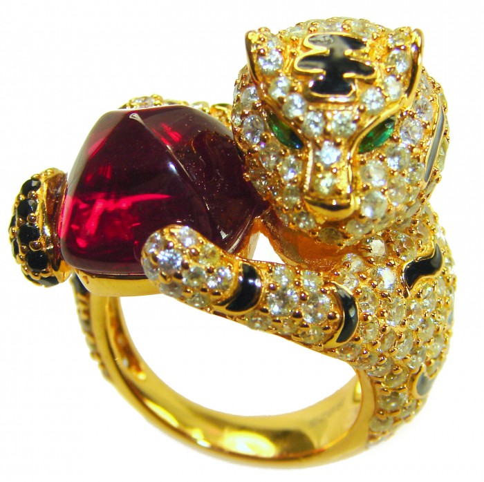 GEPHARD Genuine 10.5 CARAT Ruby black enamel .925 Sterling Silver dipped in 22K Gold Large Statement Ring size 6 1/4 - Close-up of GEPHARD ring with ruby, diamonds, and black enamel panther.