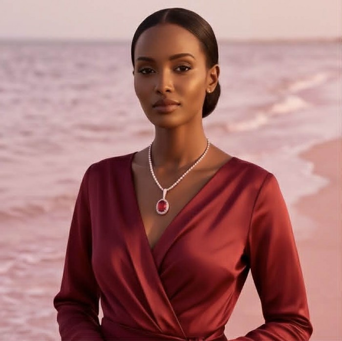 Giovanna Natural 20.8 carat Red Topaz .925 Sterling Silver handcrafted Statement pendant - Woman wearing Giovanna red topaz necklace on beach background.