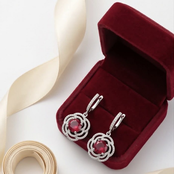 Giovanna Natural 7.8 carat Red Topaz .925 Sterling Silver handcrafted Statement earrings - Red topaz earrings in box, angled view, showcasing elegant design.