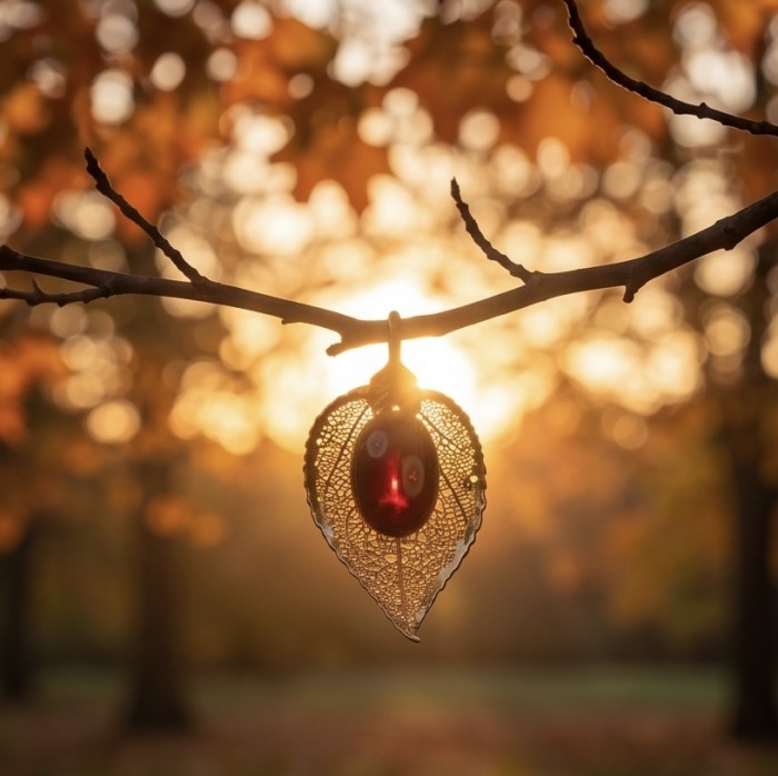 Real Leaf dipped in Sterling silver and gold Genuine 14.8 carat Garnet .925 Sterling Silver handcrafted Statement pendant - Real leaf pendant close-up with red stone against autumn background