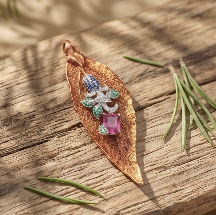 Stylish REAL Leaf dipped in Rose Gold 4.5 carat Garnet .925 Sterling Silver Pendant - Leaf pendant in rose gold with garnet, top view on rustic wood surface.