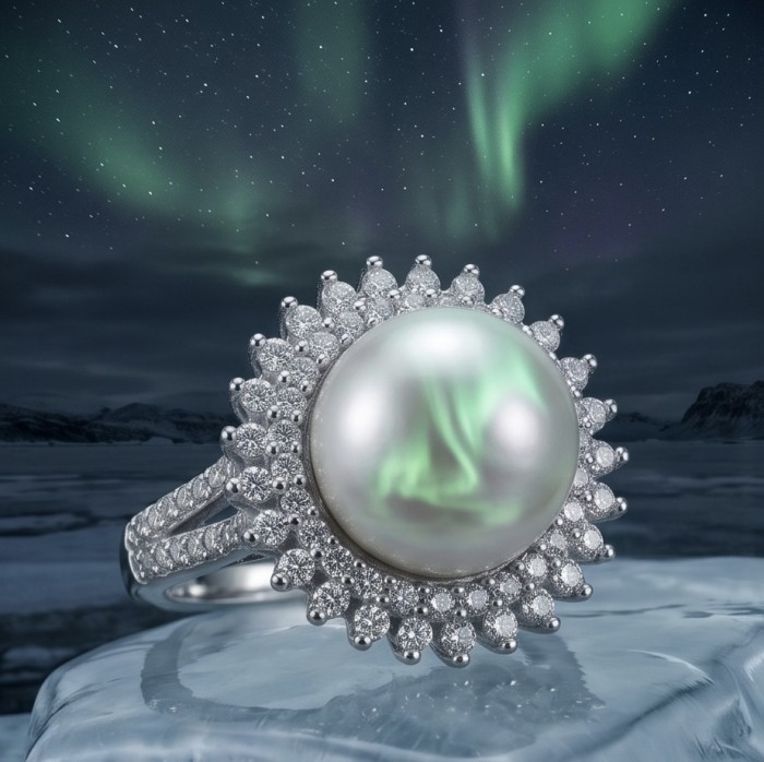 Authentic rare Pearl .925 Sterling Silver handcrafted ring; s. 8 1/4 - Close-up of pearl and diamond ring with aurora effect background