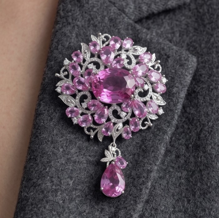 An exuberantly Large 72.7 grams Vintage style Pink Sapphire .925 Sterling Silver handmade LARGE Pendant - Brooch - Brooch with pink sapphires on gray fabric, close-up view.