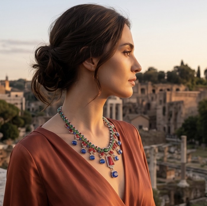 RARE BEAUTY! Valentina 148.2 carat CARVED Ruby Emerald Sapphire .925 Sterling Silver dipped in rhodium Statement Necklace - Side view of woman wearing Valentina gemstone necklace at sunset.