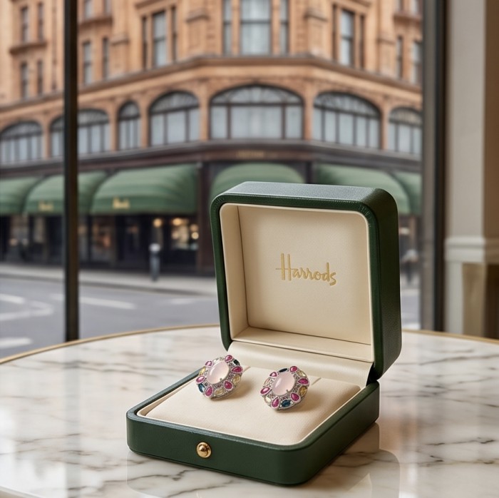 The Love Stone - Authentic 18.9 carat Rose Quartz .925 Sterling Silver luxuriously dipped in rhodium handmade earrings - Rose Quartz earrings in Harrods box on marble table, angled front view.