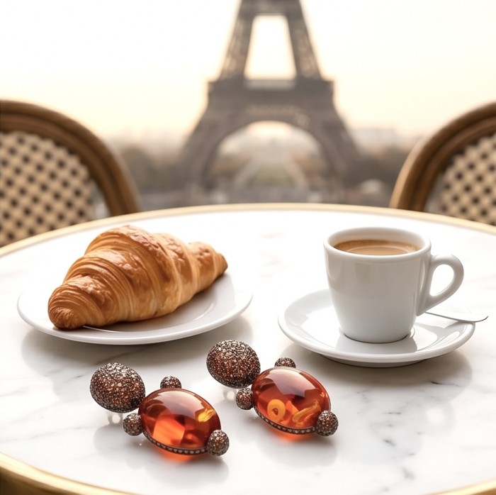 Exquisite 12.4 ctw Red Topaz 7.2 carat pave Ruby .925 Sterling Silver dipped in black rhodium handcrafted Statement earrings - Jewelry on table with coffee and croissant, Eiffel Tower in background.