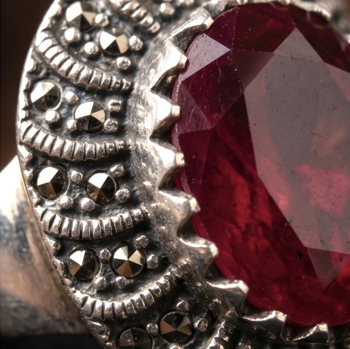 Bloody Red Natural 12.4 carat Ruby .925 Sterling Silver handmade Statement Ring size 10 - Close-up of a 12.4 carat ruby set in .925 sterling silver.