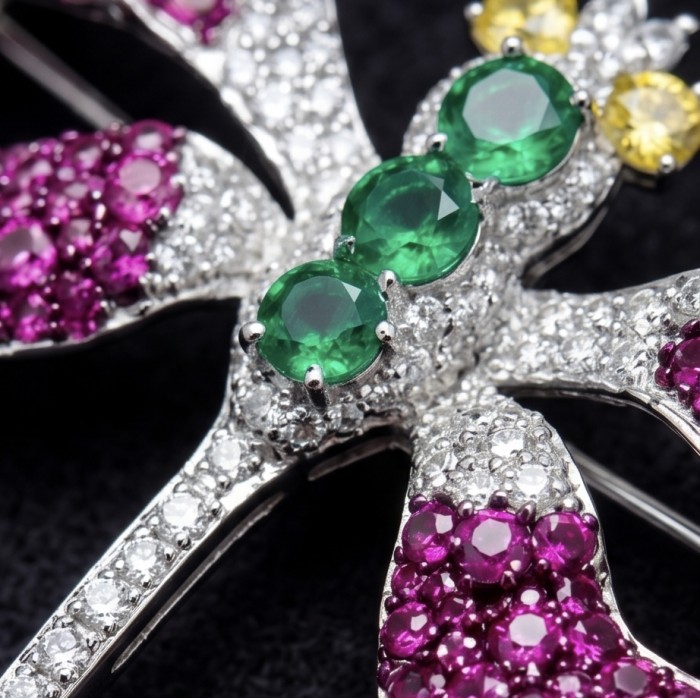 Precious Dragonfly 9.2 carat pave Mozambique Ruby rhodium over .925 Sterling Silver handcrafted Brooch - Stone close-up of dragonfly jewelry with emeralds and rubies