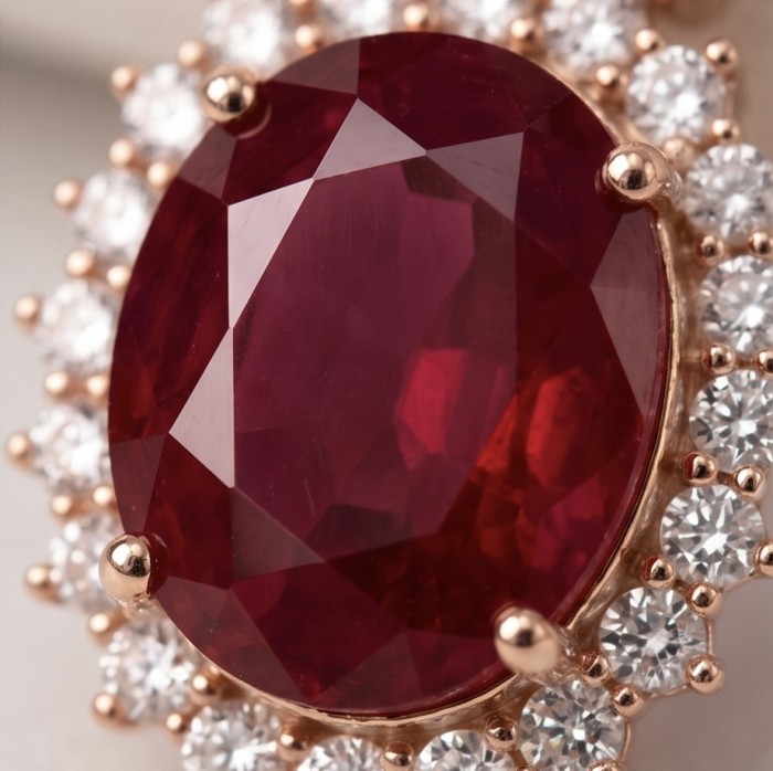 Exquisite 12.4 ctw Mozambique Ruby .925 Sterling Silver dipped in 22K Gold handcrafted Statement earrings - Close-up of Mozambique ruby with diamond halo in sterling silver setting