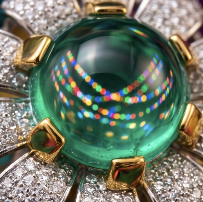 Red Flower Natural 14.2 carat Colombian Emerald .925 Sterling Silver dipped rhodium handmade two tones Statement Ring size 8 - Close-up of 14.2 carat Colombian emerald with gold and diamond accents.