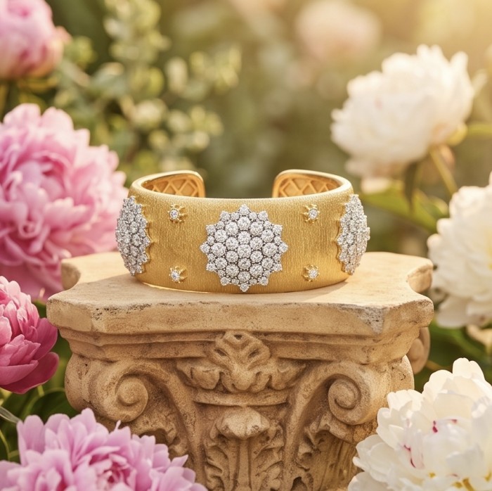 Spectacular authentic 10.8 carat White Topaz 14K Gold over .925 Sterling Silver handmade cuff Bracelet - Front view of gold cuff with white topaz in a floral garden setting.