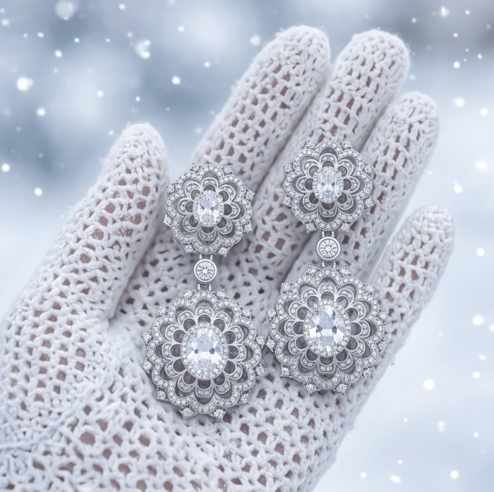 Elizabeth Natural 8.2 carat White Topaz .925 Sterling Silver handcrafted earrings - Close-up of Elizabeth 8.2 ct white topaz earrings on lace-gloved hand.