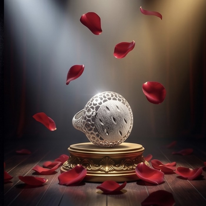 Casablanca Italy made .925 Sterling Silver brilliantly handcrafted ring s. 8 - Elegant sterling silver ring on a pedestal with falling rose petals