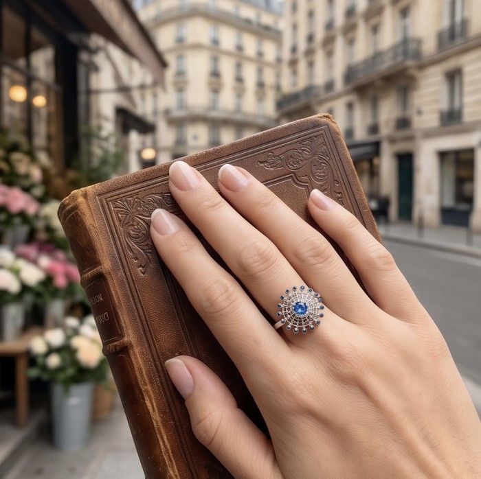 Blue Star 2.5 carat Sapphire .925 Sterling Silver handmade Statement ring size 6 - Hand wearing Blue Star Sapphire ring holding a vintage book
