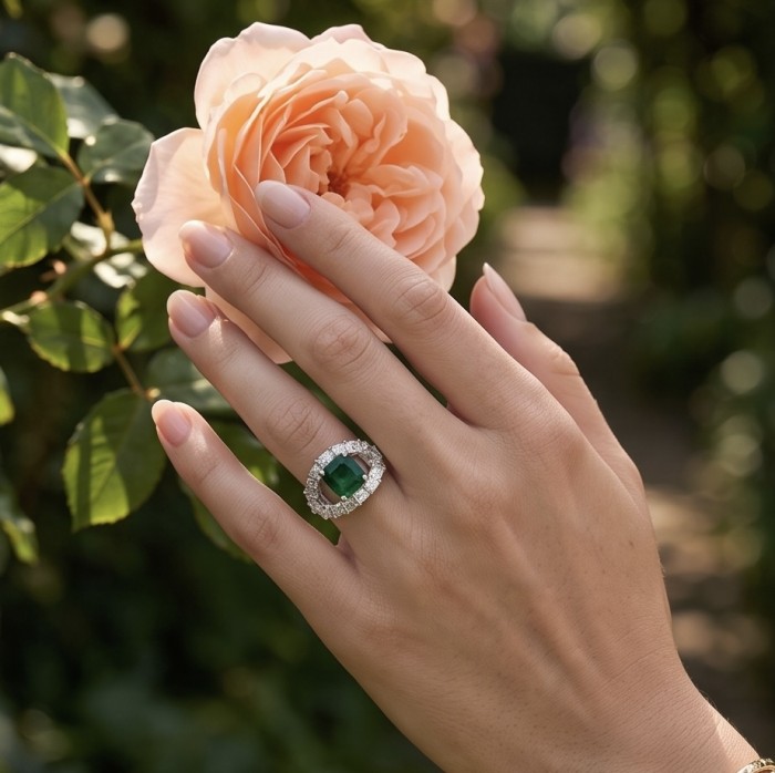 Precious 6.2 CARAT Chrome Diopside .925 Sterling Silver Statement Ring s. 8 - Emerald ring worn on hand, close-up with flower background.