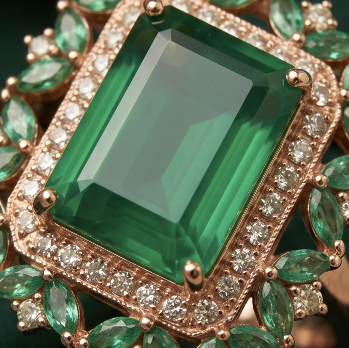 Elizabeth baquette cut 24.8 carat Colombian Emerald 22K Rose Gold over .925 Sterling Silver handcrafted Ring size 7 1/2 - Emerald ring close-up with diamonds and rose gold setting
