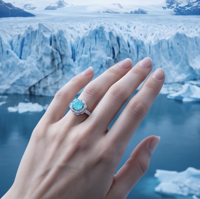 Elizabeth round cut 9.8 carat Colombian Emerald .925 Sterling Silver dipped in Rhodium handcrafted Ring size 8 - Emerald ring close-up, worn on hand with icy background.