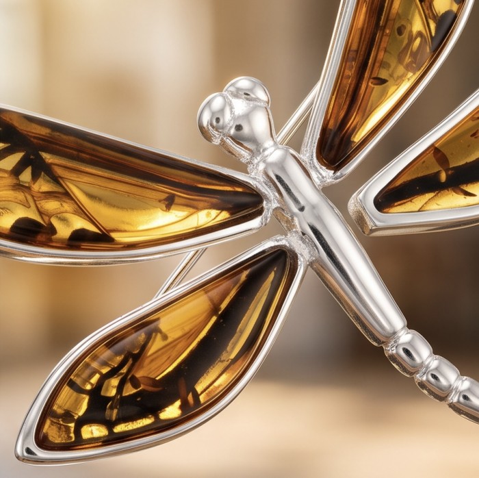 Dragonfly Natural CARVED Baltic Amber .925 Sterling Silver handmade Pendant - Dragonfly Baltic Amber .925 Silver, wing detail close-up.