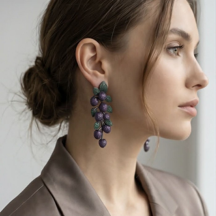 Incredible Ripe Grapes 9.5 carat Amethyst Chrome Dopiside black rhodium over .925 Sterling Silver handcrafted Statement earrings - Side view of woman wearing grape-inspired amethyst earrings.