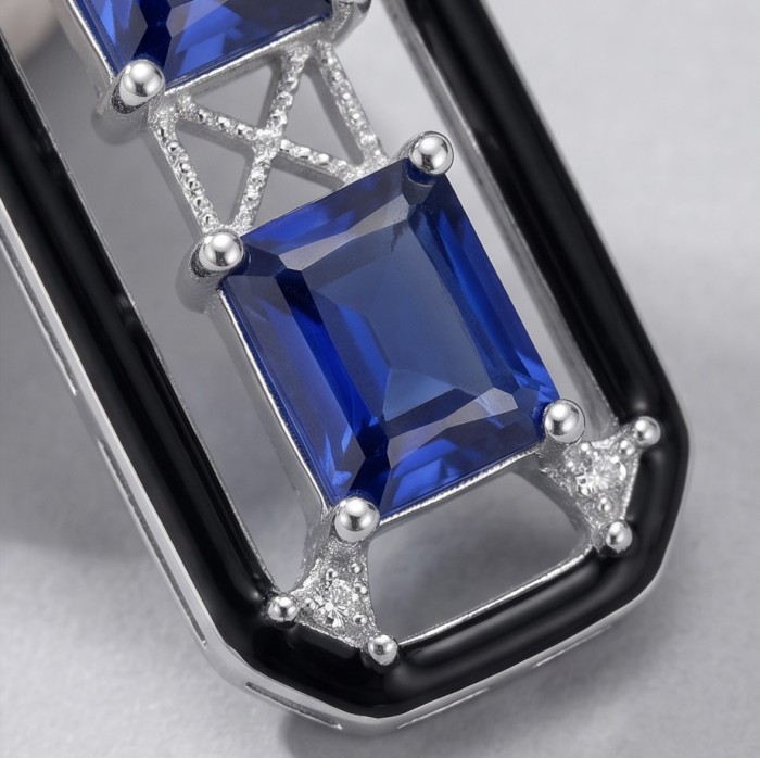 Art Deco 11.5 carat Sapphire black enamel .925 Sterling Silver handcrafted earrings - Close-up of Art Deco sapphire with black enamel and sterling silver.