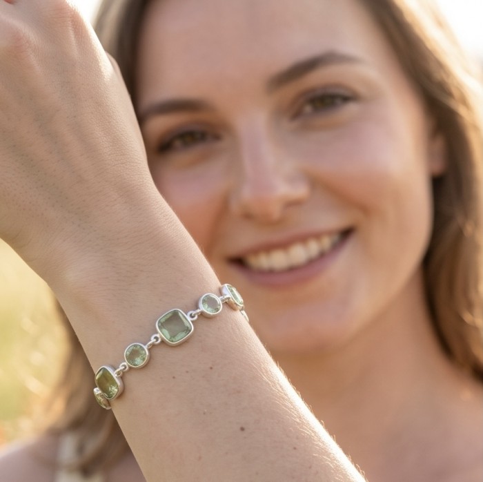 Tutti Frutti 17.5 CARAT Green Amethyst .925 Sterling Silver brilliantly handcrafted Bracelet - Close-up of Tutti Frutti green amethyst bracelet worn on wrist.