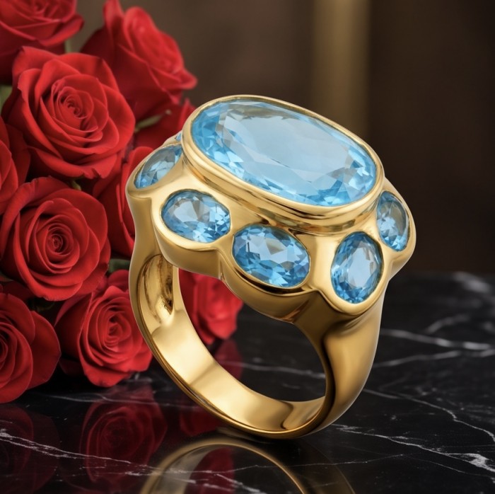 Oceania 18.3 carat Swiss Blue Topaz .925 Sterling Silver dipped in 22K Gold handcrafted ring size 8 1/4 - Gold ring with blue topaz close-up, red roses in background.
