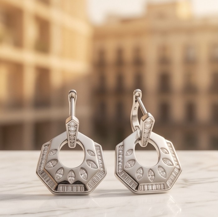 Modern design Natural 0.5 carat White Topaz .925 Sterling Silver handcrafted earrings - Geometric white topaz earrings on marble surface, front view.
