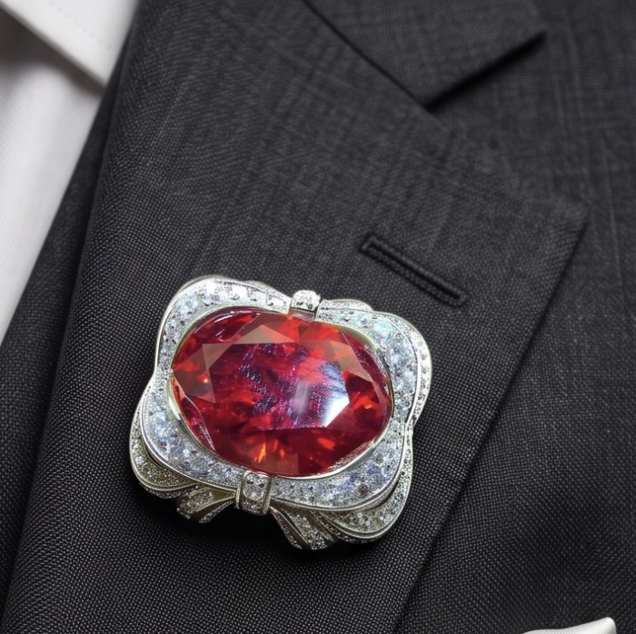 Rose Garden - Victorian style - 22.5 carat Ruby .925 Sterling Silver handcrafted Brooch - Close-up of Rose Garden ruby brooch on a suit lapel.