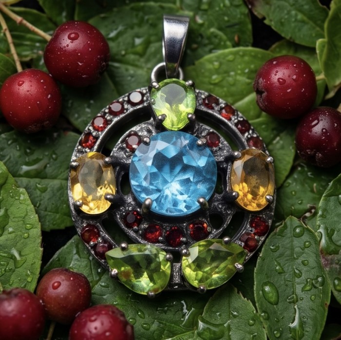 Colors of the Earth Precious 24.5 carat Multigem .925 Sterling Silver dipped in black rhodium Pendant - Close-up of multigem pendant with berries and leaves surrounding it.