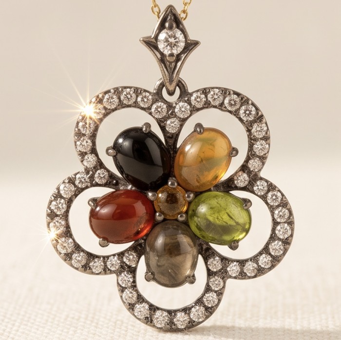 Rio de Janeiro 12.7 carat Brazilian Watermalon Tourmaline black rhodium over .925 Sterling Silver handmade Pendant - Close-up of Rio de Janeiro pendant with colorful tourmaline and diamonds.
