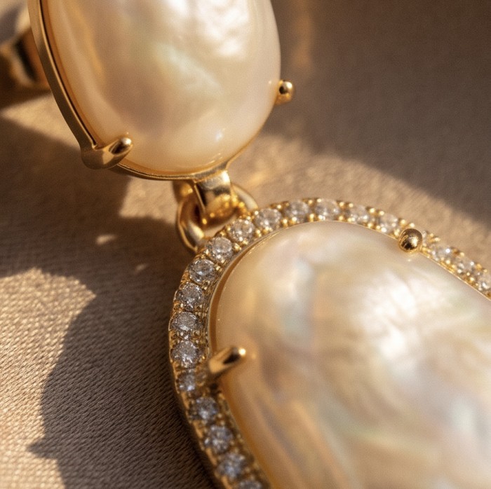 Genuine Blister Pearl lab grown Diamond 18K Gold over .925 Sterling Silver handcrafted Large Statement Earrings - Close-up of blister pearl and diamonds in gold setting, side view.