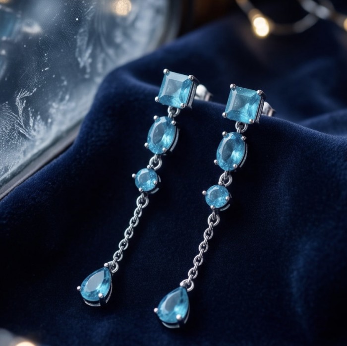 Atlantica - 5.7 carat Emerald .925 Sterling Silver dipped in Rhodium Handcrafted Statement earrings - Elegant drop earrings with blue gemstones on velvet background