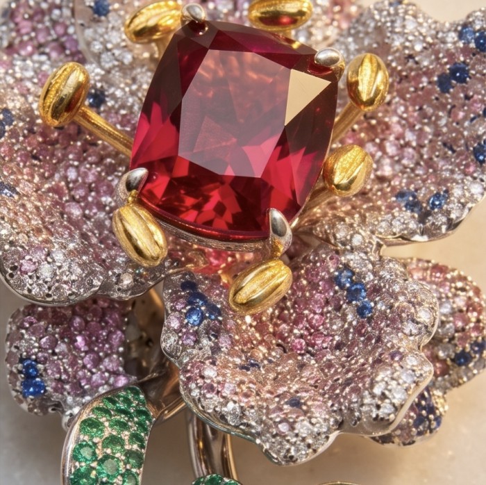 Enchanted Flower 45.5 carat pave Mozambique Ruby Black Pearl 22K Gold over .925 Sterling Silver handmade Pendant - Brooch - Close-up of Enchanted Flower jewelry with ruby and pave details.