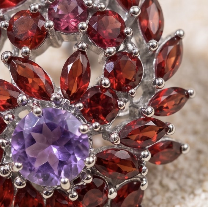 Clementine - Precious 27.4 carat Multigem .925 Sterling Silver dipped in rhodium handcrafted Statement Earrings - Stone close-up of Clementine multigem sterling silver jewelry