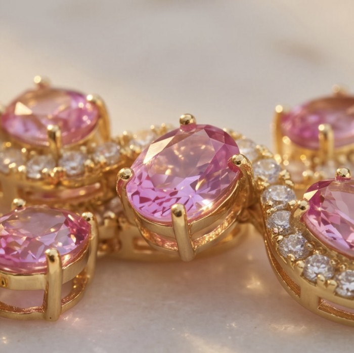 Luxurious 31.4 carat Pink Sapphire .925 Sterling Silver dipped in 18K Gold handcrafted Bracelet - Close-up of pink sapphire stones in gold settings with diamonds