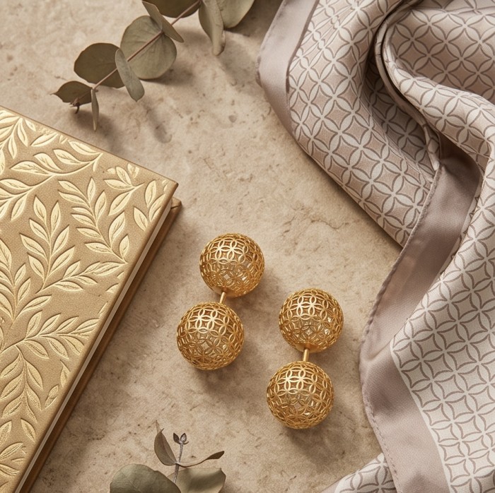 Black Label Collection - golden spheres - Dubai Style - Natural 22K Gold over .925 Sterling Silver handmade earrings - Golden sphere earrings on textured surface with patterned scarf and leaves.