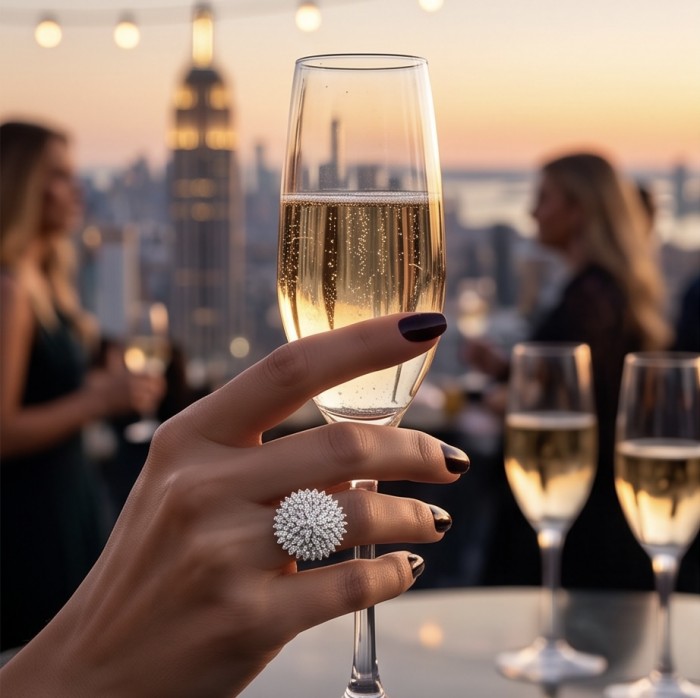 Real Beauty - 8.5 carat White Topaz .925 Sterling Silver Handcrafted Statement Ring size 7 3/4 - White Topaz ring on hand, holding champagne glass, city view in background.