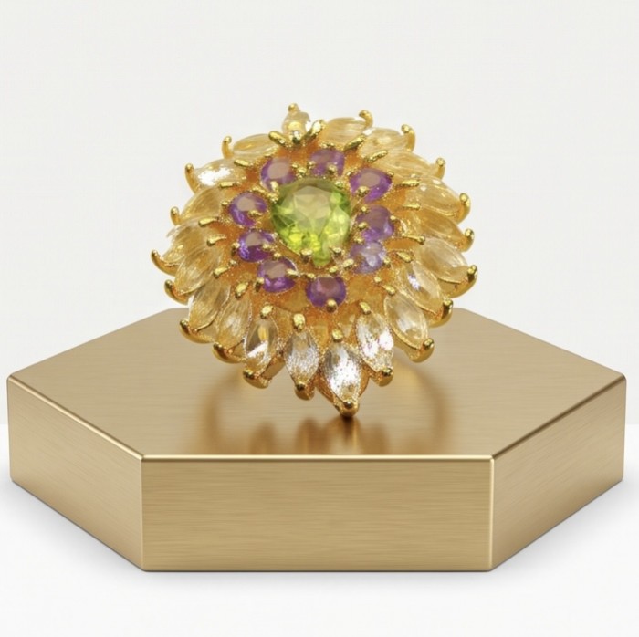 Paloma Authentic 27.2 carat Peridot from Arizona .925 Sterling Silver dipped in 18K Gold handcrafted Statement ring; s. 6 - Close-up of floral-patterned ring with peridot center on a display.