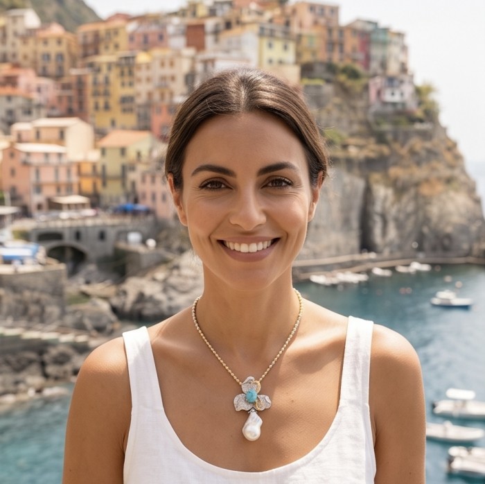 Precious Mother of Pearl 8.4 carat Sleeping Beauty Turquoise 18K Gold over .925 Sterling Silver Necklace; 20 inches long - Woman wearing Mother of Pearl necklace, scenic background.