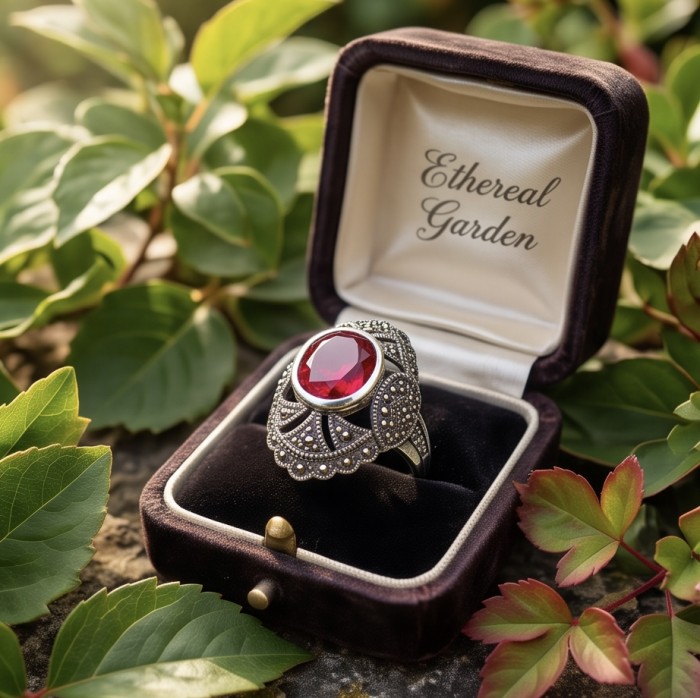 Scarlett 12.7 ctw Mozambique Ruby .925 Sterling Silver handcrafted Statement Ring size 8 3/4 - Vintage-style ruby ring in open velvet box, garden background.