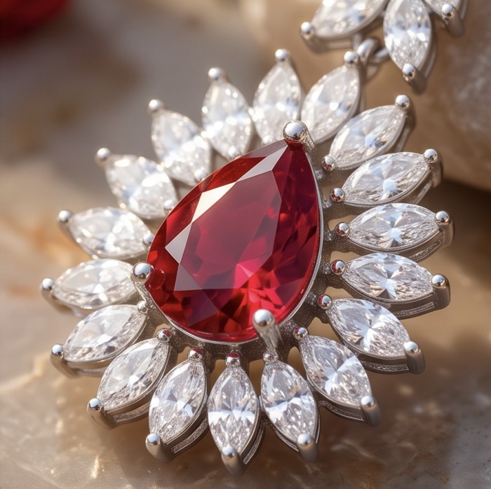 Luxurious 9.8 carat natural Mozambique Ruby .925 Sterling Silver .925 Sterling Silver Statement Necklace - Close-up of luxurious ruby and white stone pendant in sterling silver