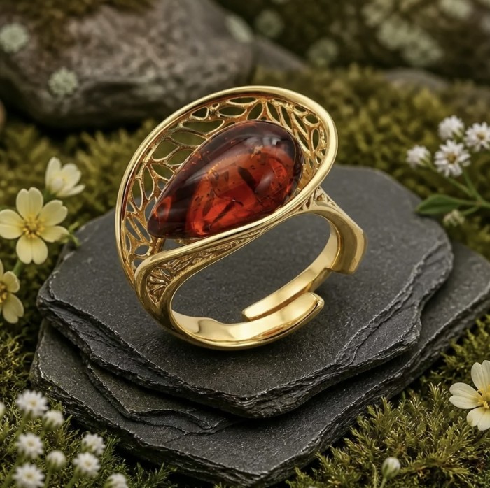Authentic Baltic Amber 14K Gold over .925 Sterling Silver handcrafted ring; s. 7 adjustable - Teardrop amber ring with intricate gold design on slate background