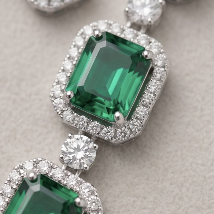 Ofelia - Authentic 10.5 CARAT natural Colombian Emerald .925 Sterling Silver handcrafted necklace - Close-up of Colombian emerald with diamond halo and accent stone.