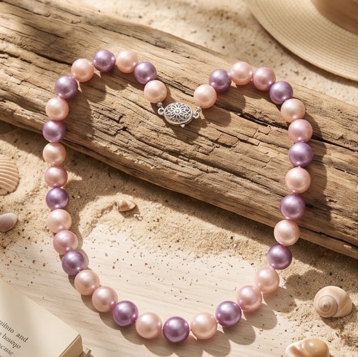 Pastel Dream - Outstanding fresh water Pearl .925 Sterling Silver handcrafted Statement necklace - Pastel pearl necklace with clasp, beach-themed background.