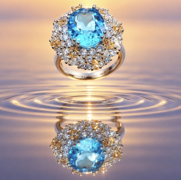 Ocean Blue 8.2 carat Swiss Blue Topaz .925 Silver handcrafted Cocktail Ring s. 9 - Close-up of Ocean Blue Swiss Blue Topaz ring with water reflection.