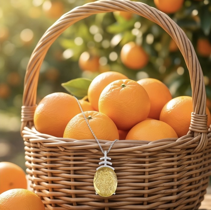 Summer Time 14.8 carat Lemon Quartz rhodium over .925 Sterling Silver handcrafted pendant - Necklace draped over basket of oranges, front view of lemon quartz pendant.