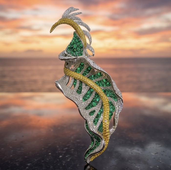 Precious Leaf - 9.5 carat Authentic Colombian Emerald pave 4.2 carat yellow Sapphire .925 Sterling Silver handcrafted Pendant and Brooch - Side view of Precious Leaf brooch with Colombian emerald pavé.